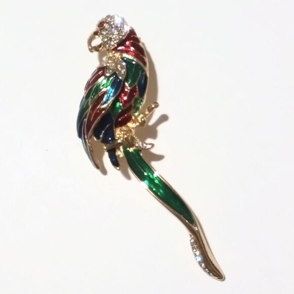 Vintage Gold Tone Red Green Enamel and Pave Rhinestone Tropical Bird Brooch - Picture 4 of 6